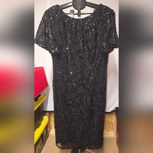 HQ Black Beaded Flutter Sleeve Cocktail Dress